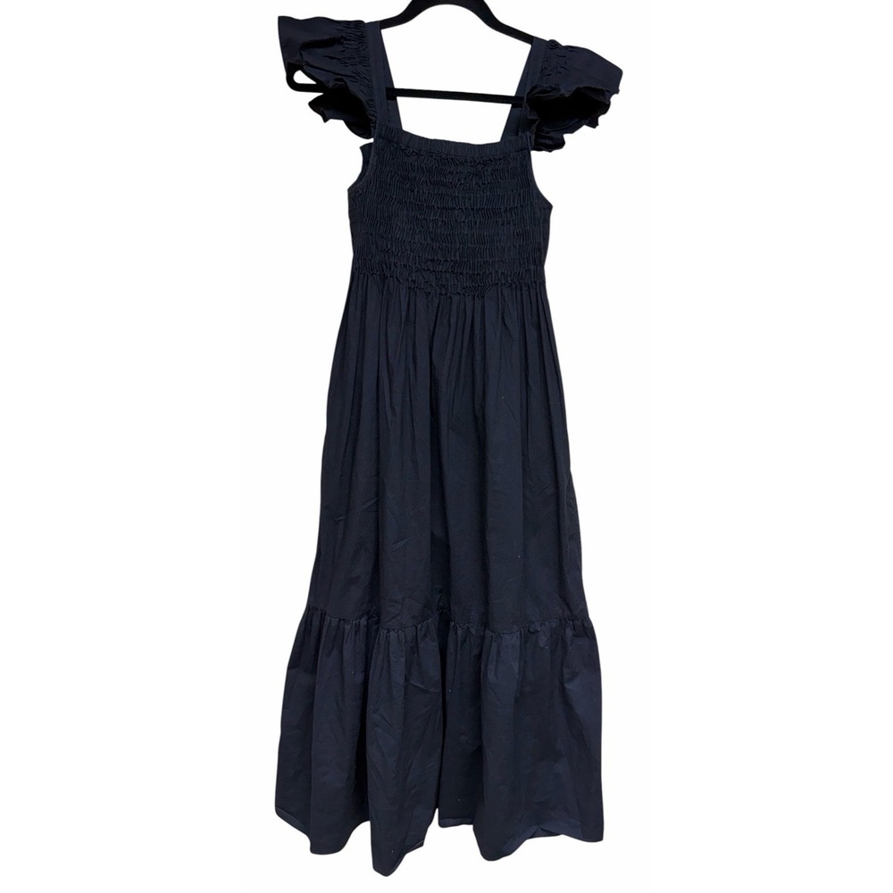 Sea New York Sloan Smocked Midi Dress Cotton Poplin Black Women's Size XS